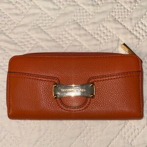 Michael Kors Orange Pebbled Leather Zip Wallet with Gold Accent
